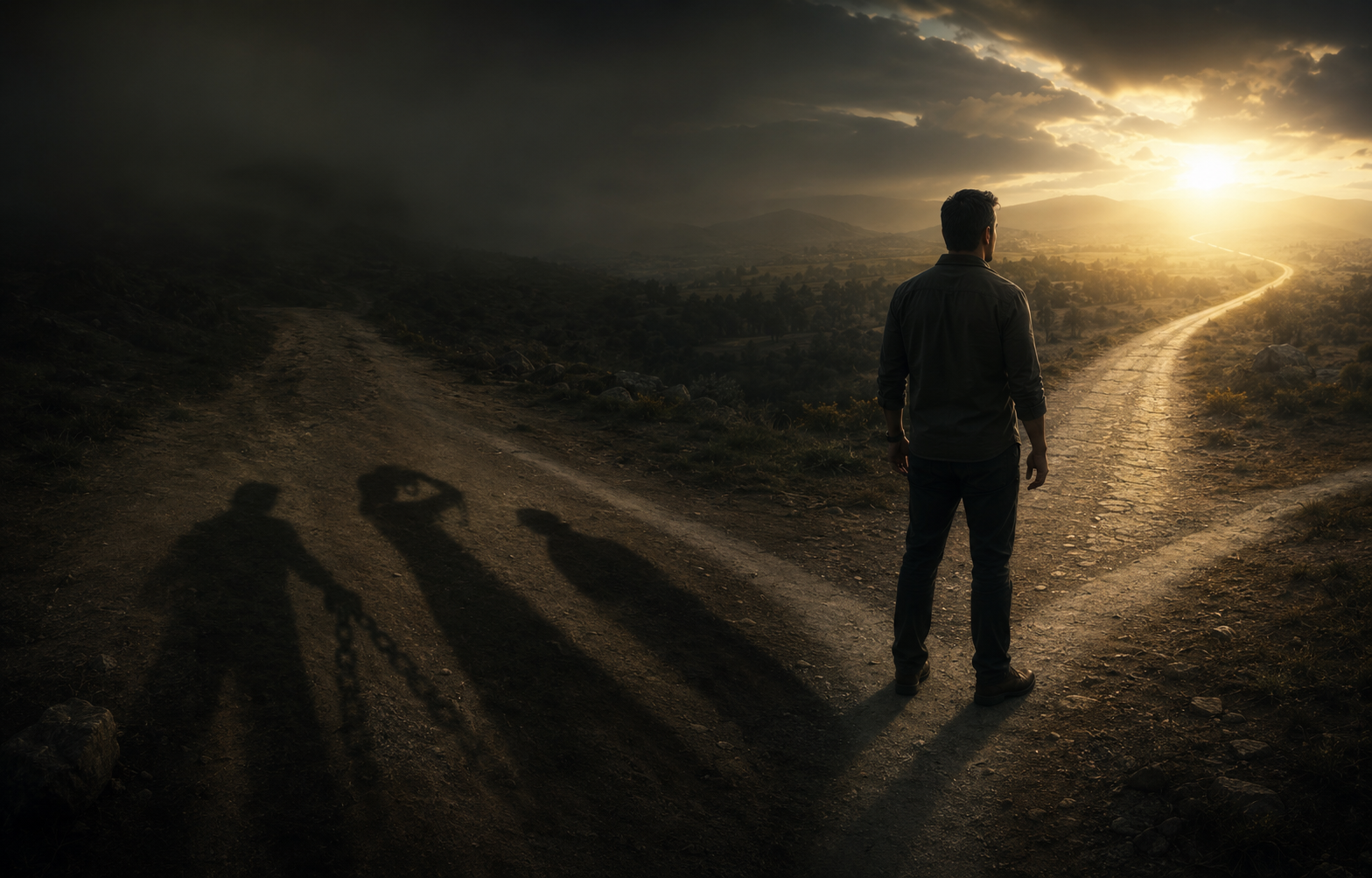 Hombre de pie ante una bifurcación de caminos con tres sombras encadenadas proyectadas hacia el lado oscuro.