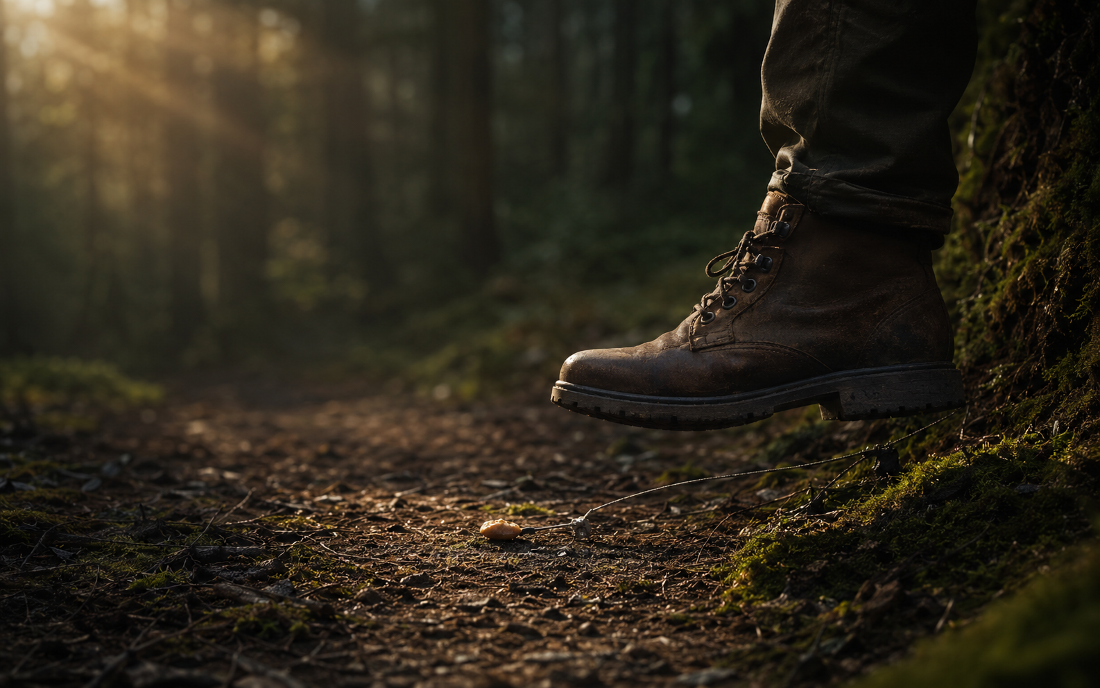 Bota de cuero a punto de pisar un cebo con trampa oculto en un sendero del bosque.