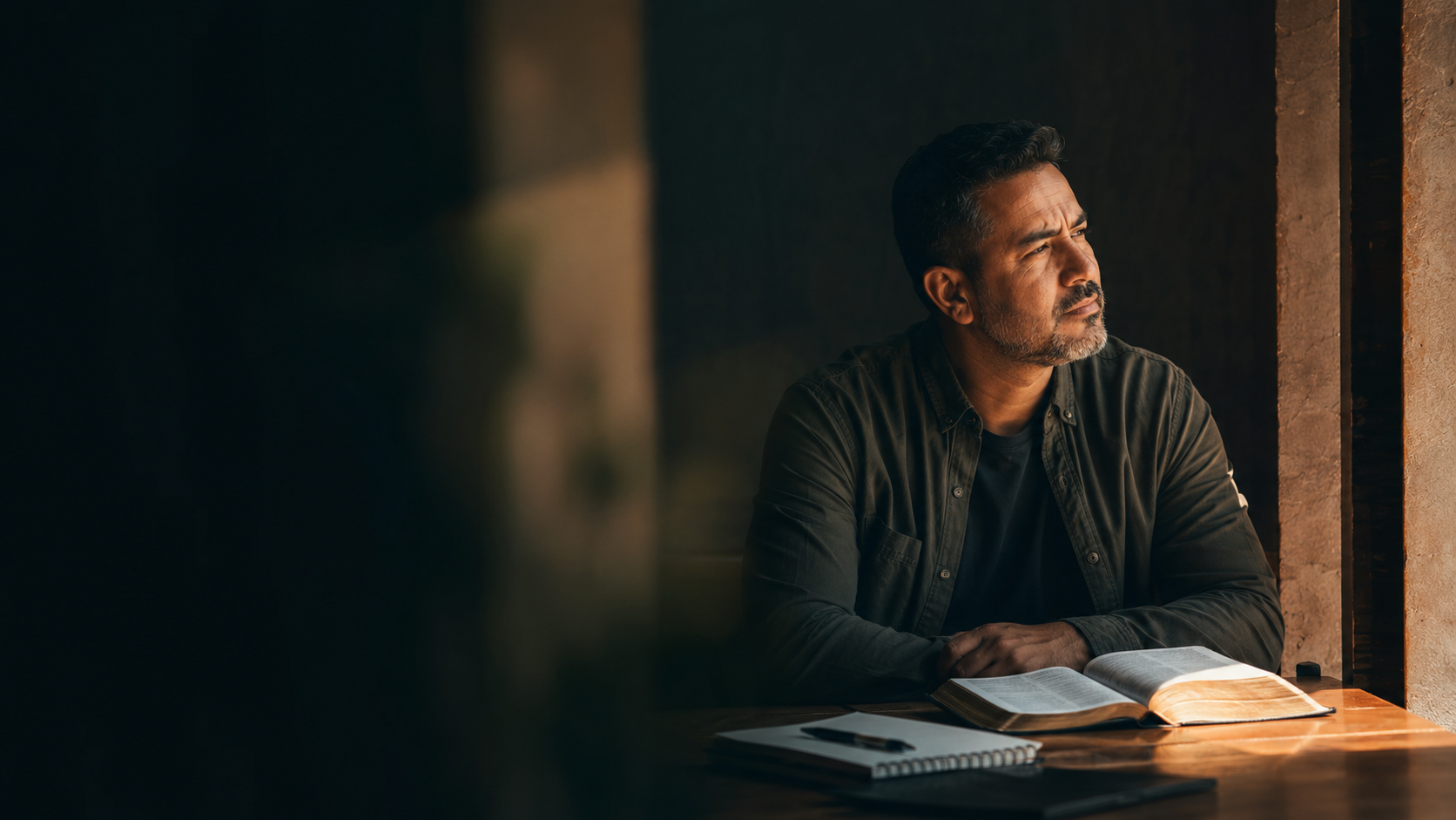 Hombre pensativo junto a una ventana con luz cálida, con una Biblia abierta y un cuaderno sobre la mesa de madera.
