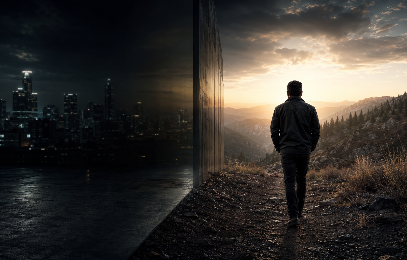 Hombre caminando desde una ciudad oscura hacia un paisaje montañoso iluminado por el amanecer.