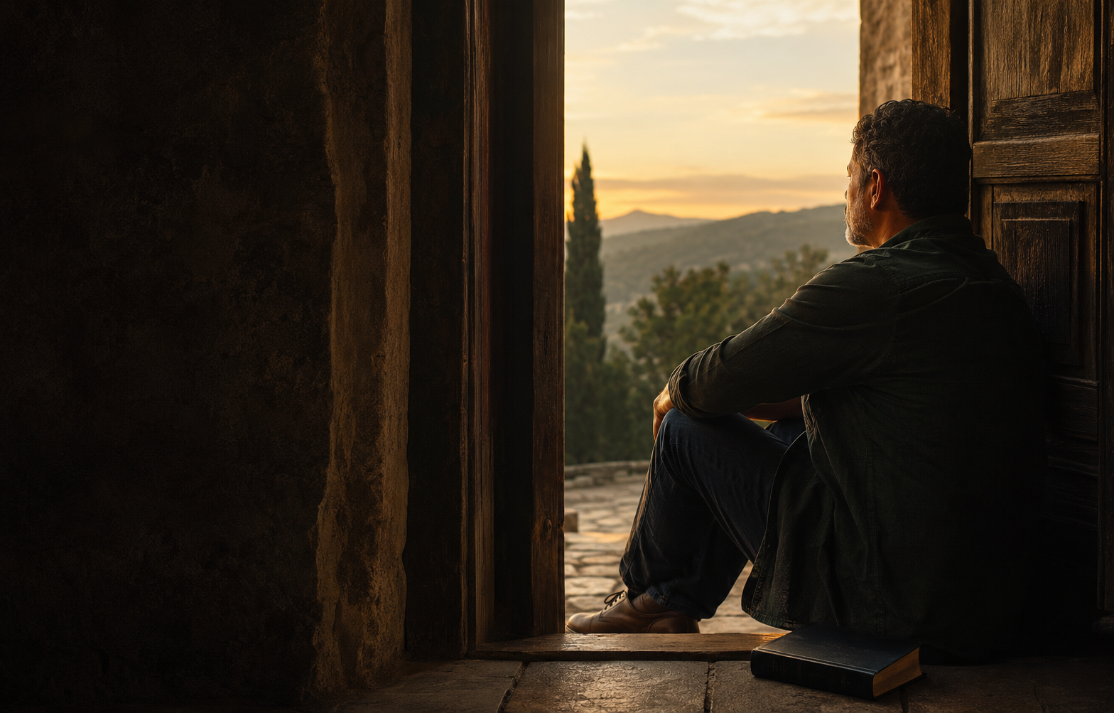 Hombre sentado en el umbral de una puerta de piedra contemplando un valle al atardecer, con una Biblia a su lado.