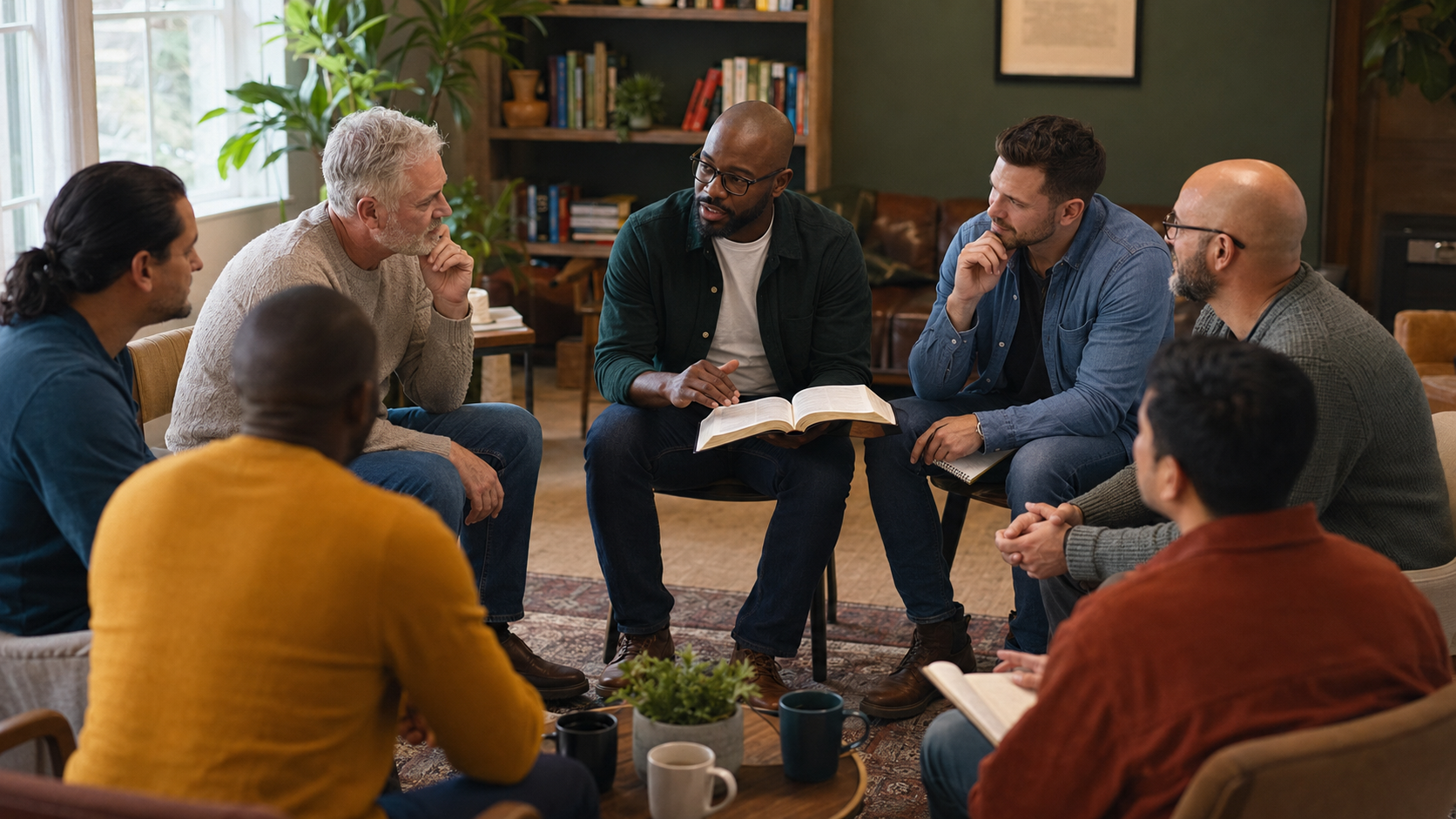 Hombres conversando en círculo alrededor de una Biblia abierta en una sala acogedora.