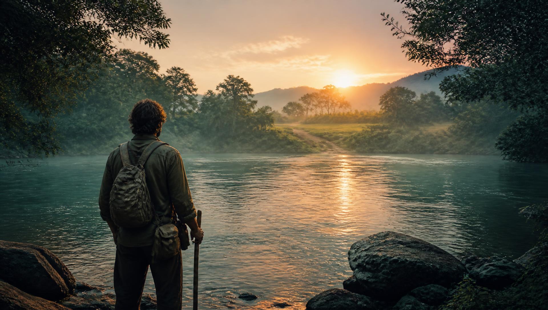 Hombre de pie frente a un río al amanecer, preparándose para cruzar hacia un camino abierto en la otra orilla.